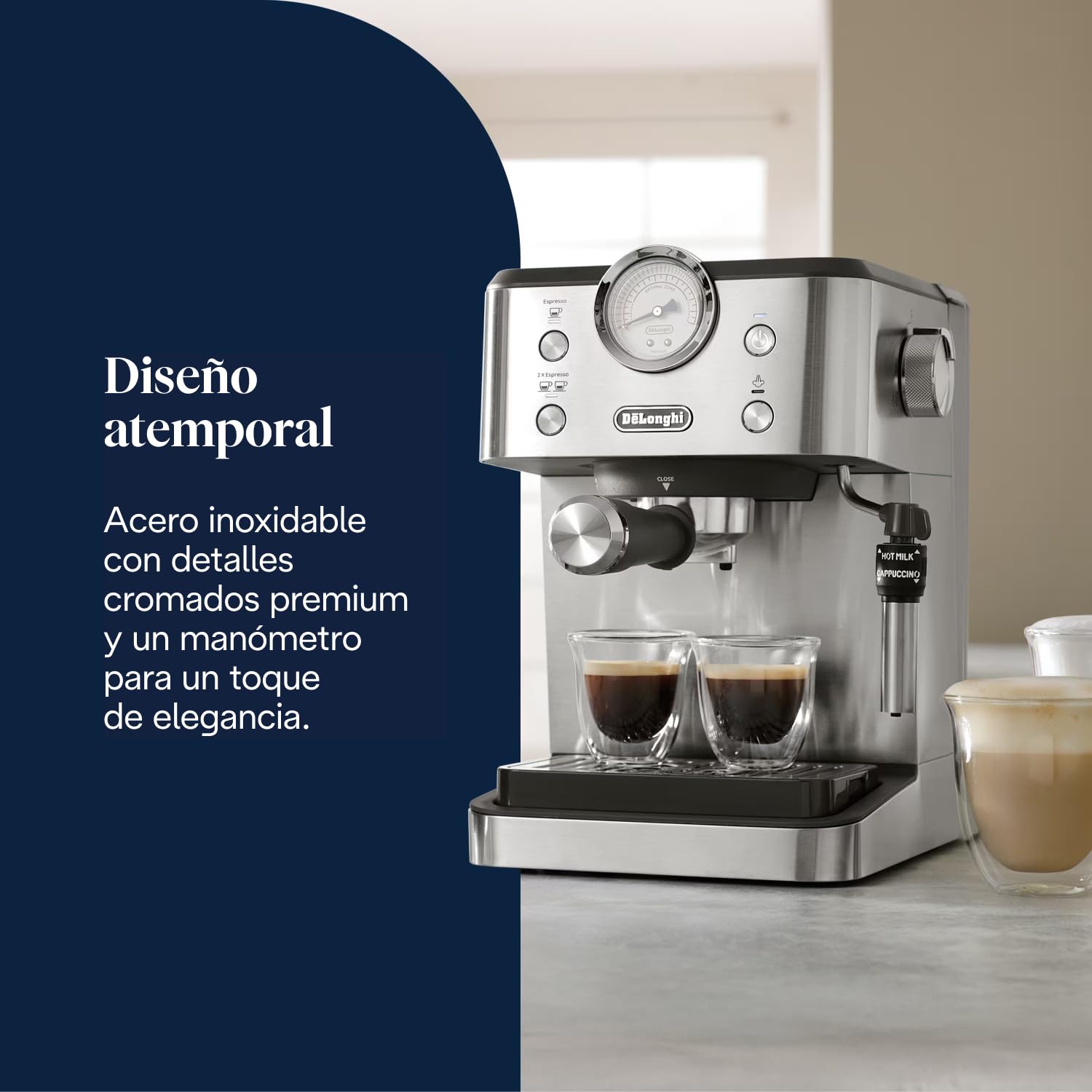De'Longhi Classic EM450.M, Máquina Café Manual con Varilla Vapor, Máquina Espresso con Bomba Barista, Boquilla para Capuchino, Filtro Doble Pared, 15bar, Taza Hasta 13cm, Acero Inoxidable/Metal — view 2