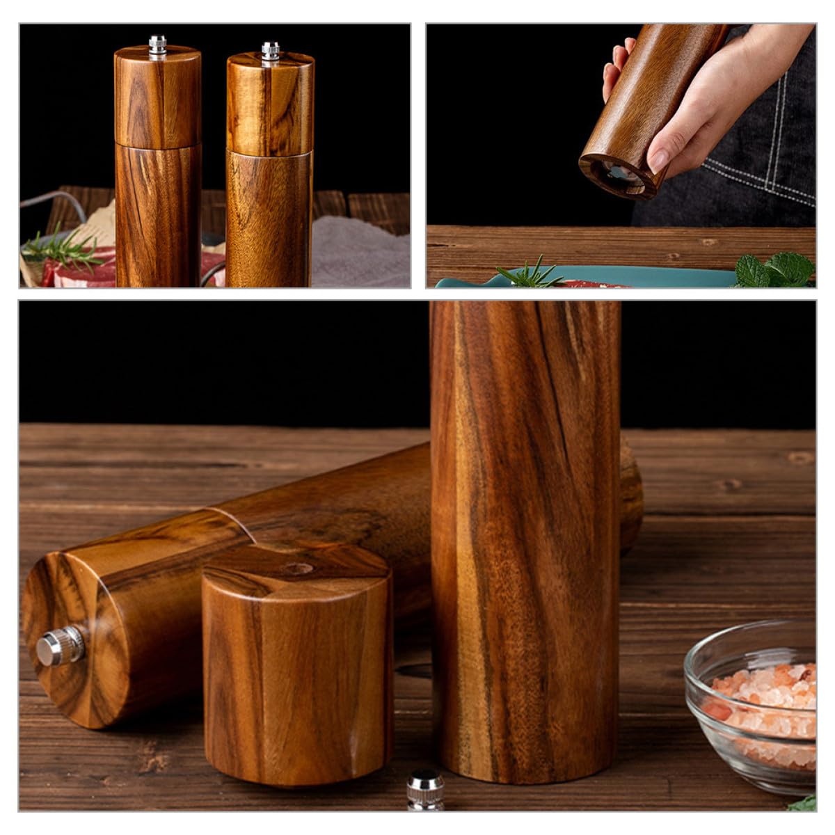 Manuelle Pfeffermühle und Salzstreuer Satz 8 Zoll Zylinder aus Akazienholz Keramikmahlwerk Nachfüllbar für Grobes Salz Pfeffer und Gewürze Küchen und Tischzubehör