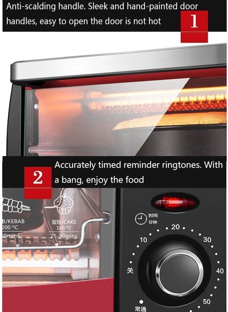 Mini 12L Oven,Temperature Setting 0-230℃ 0-60 Mins Timer Double Glazed Door Toaster Convection Countertop Toaster Oven Red Aesthetic and l
