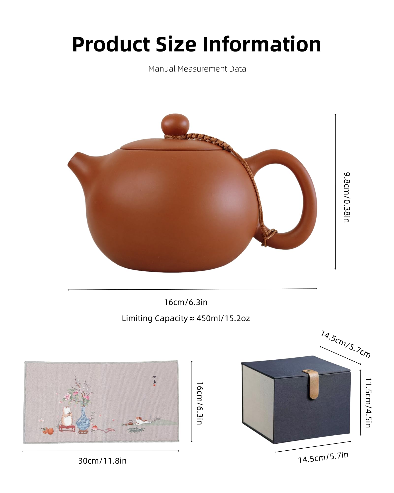 Tetera Yixing 400 ML, Tetera Xishi de Arcilla, Tradicional Chino Hecha a Mano Zisha Teteras Kung Fu con Caja de Regalo y Paño de Cocina