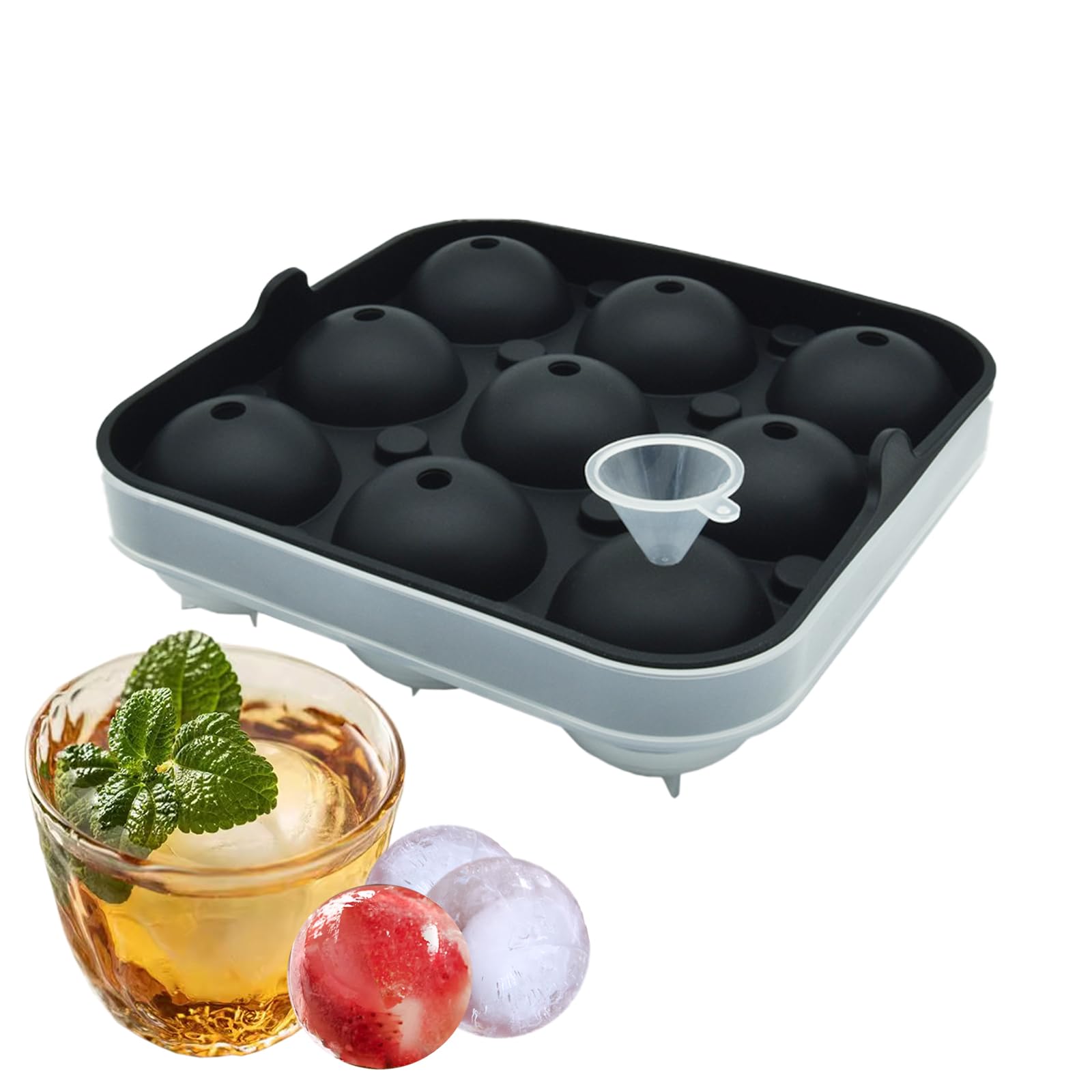 Silicone Ice Ball Maker Mould, Round Ice Cube Moulds with Lid,Ice Cube Balls -5cm, Ball Ice Cube Great for Jelly Milk Juice Chocolate or Cocktails Whiskey & Plastic Funnel (9)