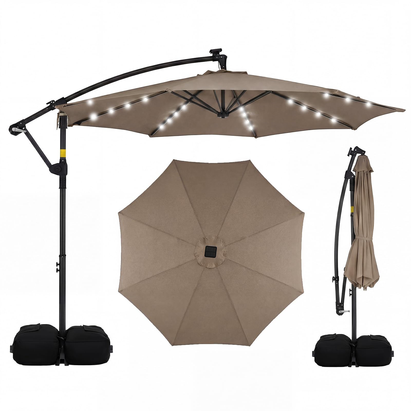 Tangkula 10ft Solar Patio Umbrella with Base Included, Offset Cantilever Outdoor Umbrella with 32 LED Lights, 360 Degree Rotation, Crank Handle for Pool Deck Garden Backyard (Tan) : Patio, Lawn & Garden