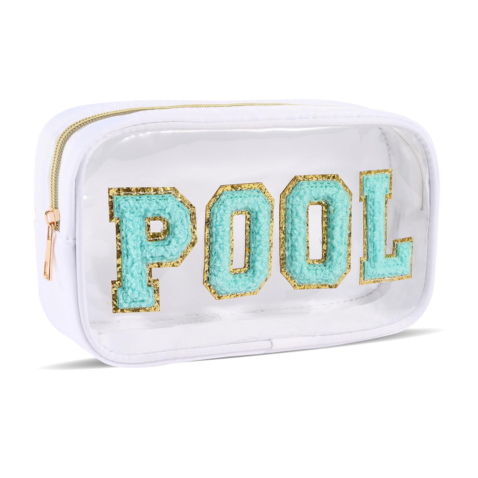 Dealkion Clear Pool Bag Organizer Essentials Chenille Letter Bags Pool Pouch Preppy Patch Beach Makeup Bag Waterproof Travel Cosmetic Bag Toiletry