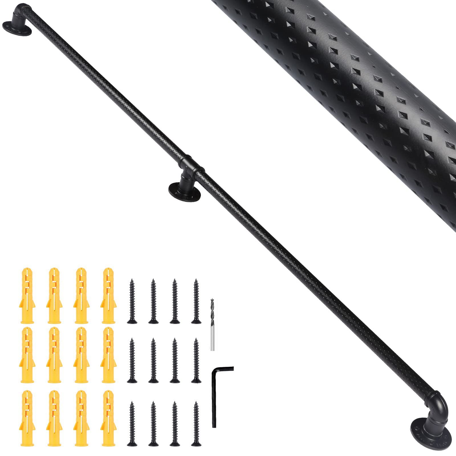 Dakzhou 6.25ft Staircase Handrail Black Non-Slip Aluminum Pipe Stair Handrail for Indoor and Outdoor 500LB Capacity Wall Mount Support Industrial Style Round Corner Wall Handrailings