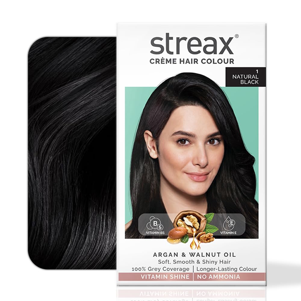 Streax Crème Permanent - 1 Natural Black Hair Colour- 140 Ml, 100% Grey Coverage, Ammonia Free, Long Lasting For Women(Colourant Tube 60G,Developer Bottle 60Ml,Conditioner 20G)