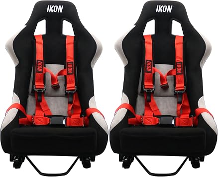 FREEMOTOR802 Universal Bucket Racing Seats + 4-Point Harnesses, Fiberglass Shell, Synthetic Suede Cover, 2-Inch Red Nylon Strap, Non-reclining Sport Seats, Simulator Racing Chairs, Black-Silver
