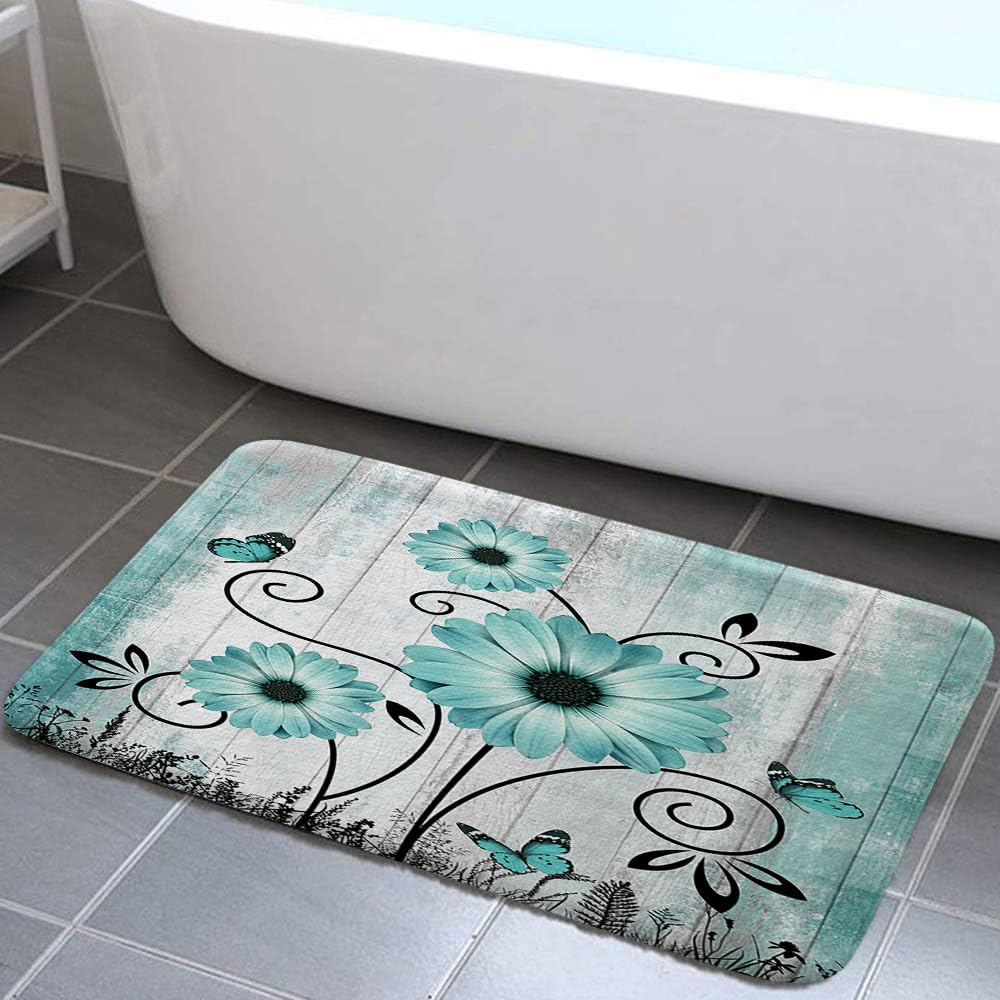NYMB Rustic Farmhouse Bathroom Rug Bath Mat, Farm Teal Daisy Flowers Butterfly on Country Wooden Kitchen Shower Mat, Turquoise Blue Floral Bedroom