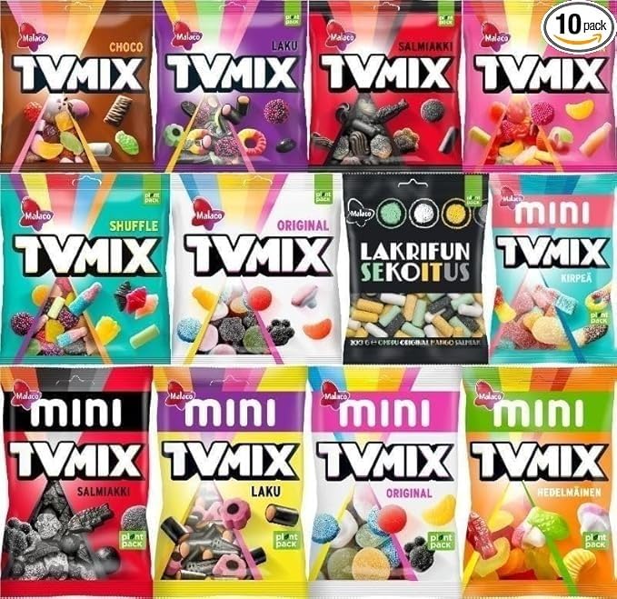 Malaco TV Mix Gummy Set 10 paquetes - Elige cualquier paquete de muchos sabores SÖPÖSÖPÖ Box Dulces suecos - Regaliz - Dulces finlandeses - Salmiac - Original - Laku - Choco