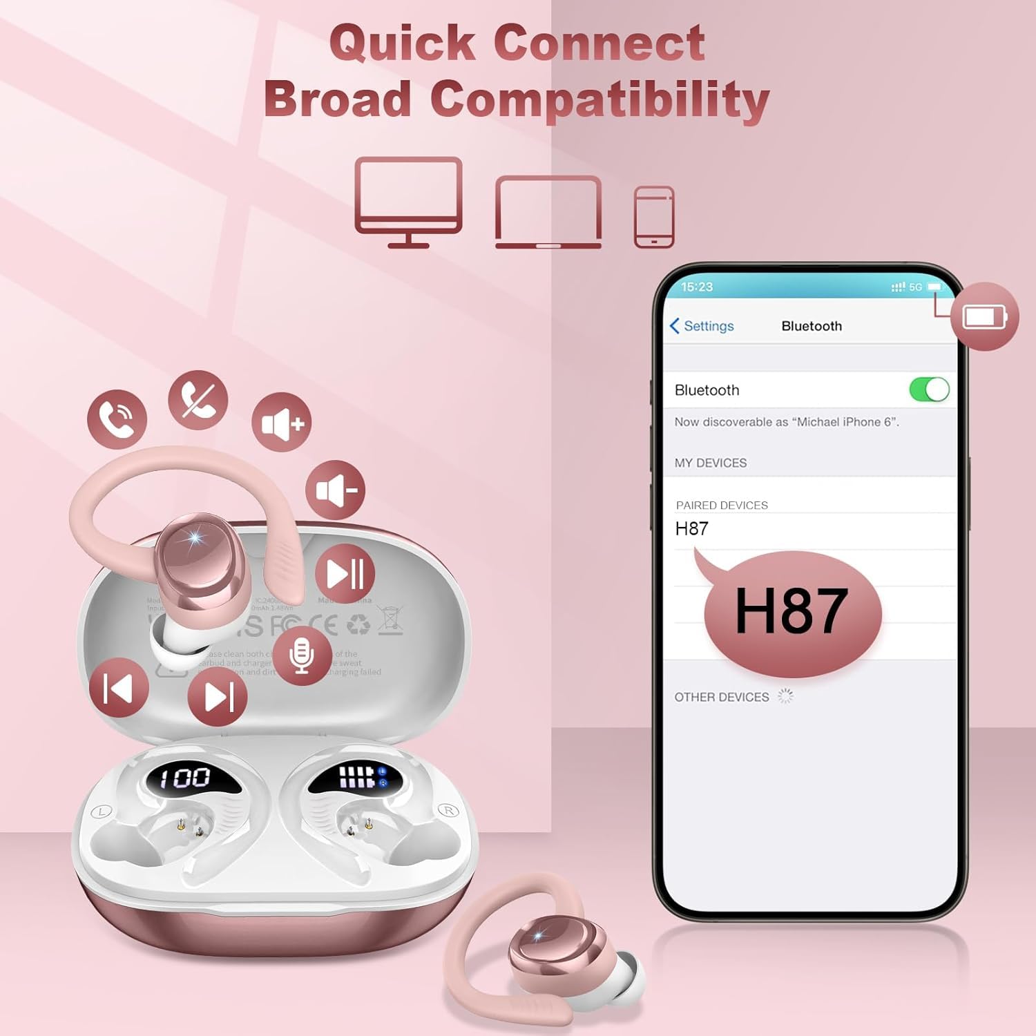 Auriculares Inalámbricos Bluetooth Deportivos, 60H Auriculares Bluetooth 5.4 con HiFi Estéreo, 4 ENC Mics, 2026 Cascos Inalambricos con Cancelación RuidoI/IP7/USB-C Auriculares para Correr Oro Rosa