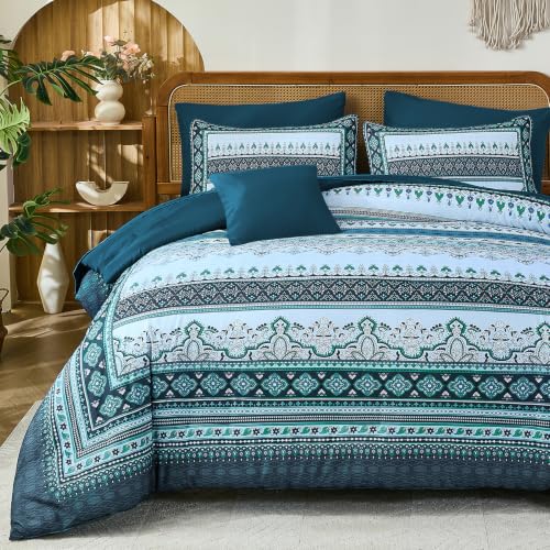 Image of Teal Blue Boho Comforter Set King Size,8 Pieces Striped Bed in a Bag