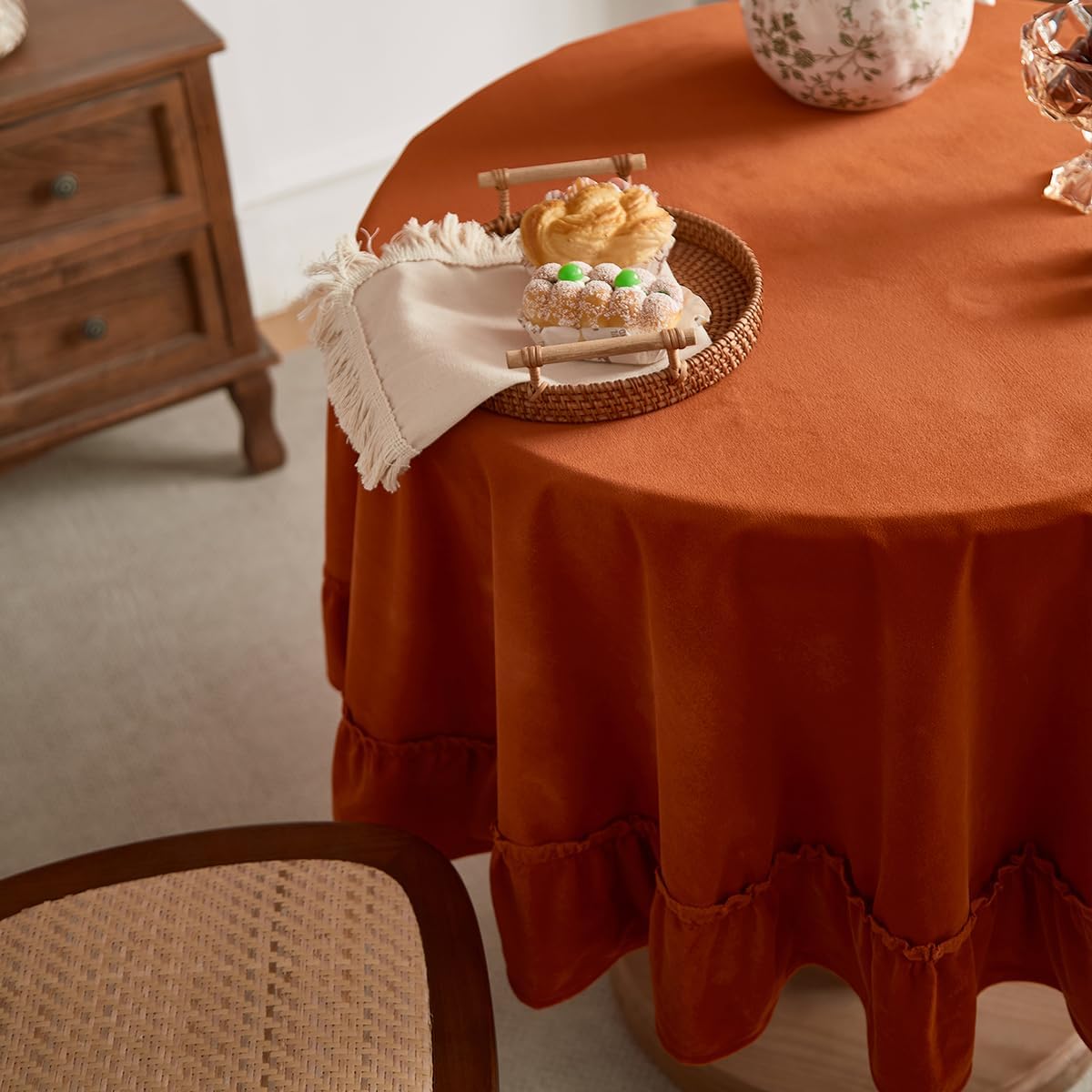 Soft Luxurious Velvet Tablecloth, Ruffled Solid Color Round Thick Tablecloth, Vintage Farmhouse Oval Style, Washable, Suitable Parties, Weddings, Baby Showers, Kitchen.（60 Inch Round） Orange - Image 2