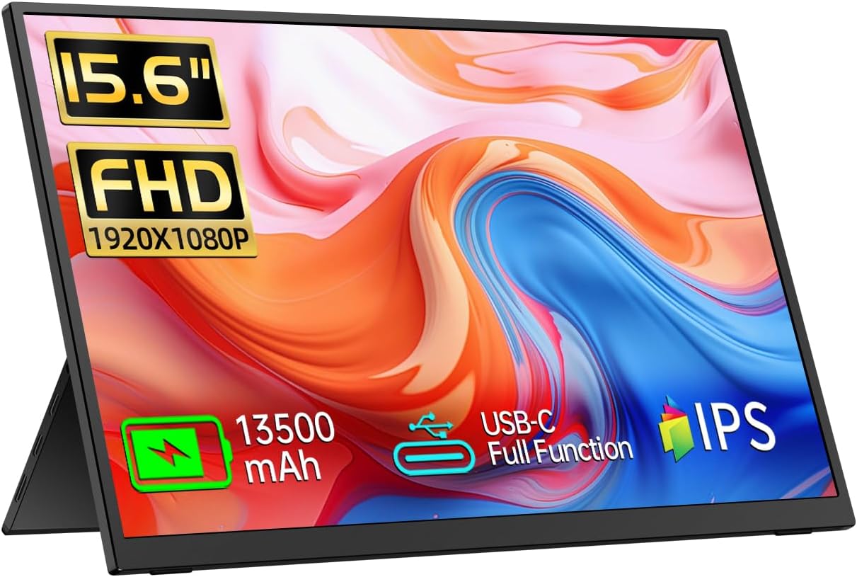 Portable Monitor 15.6″ FHD 1080p, Travel Monitor with Built-in Battery & Kickstand & Speakers, HDMI USB C External Portable Monitor for Laptops, PC, Mac, Xbox, Switch, and PS5/4