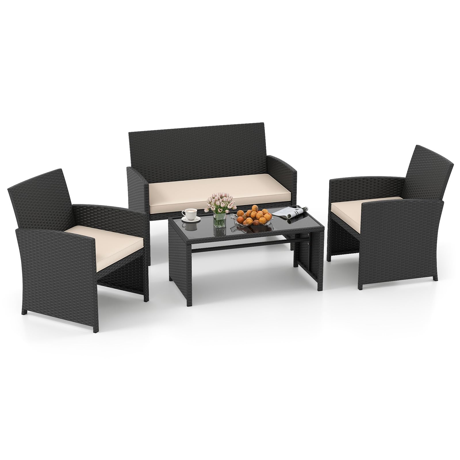 SOARS Gartenmöbel Set aus Polyrattan, Balkonmöbel mit 2 Sesseln, Zweisitzer, Glas-Couchtisch & 4 Sitzkissen, Lounge Möbel Outdoor für 4 Personen für Tarrasse, Balkon & Garten (Schwarz+Beige)