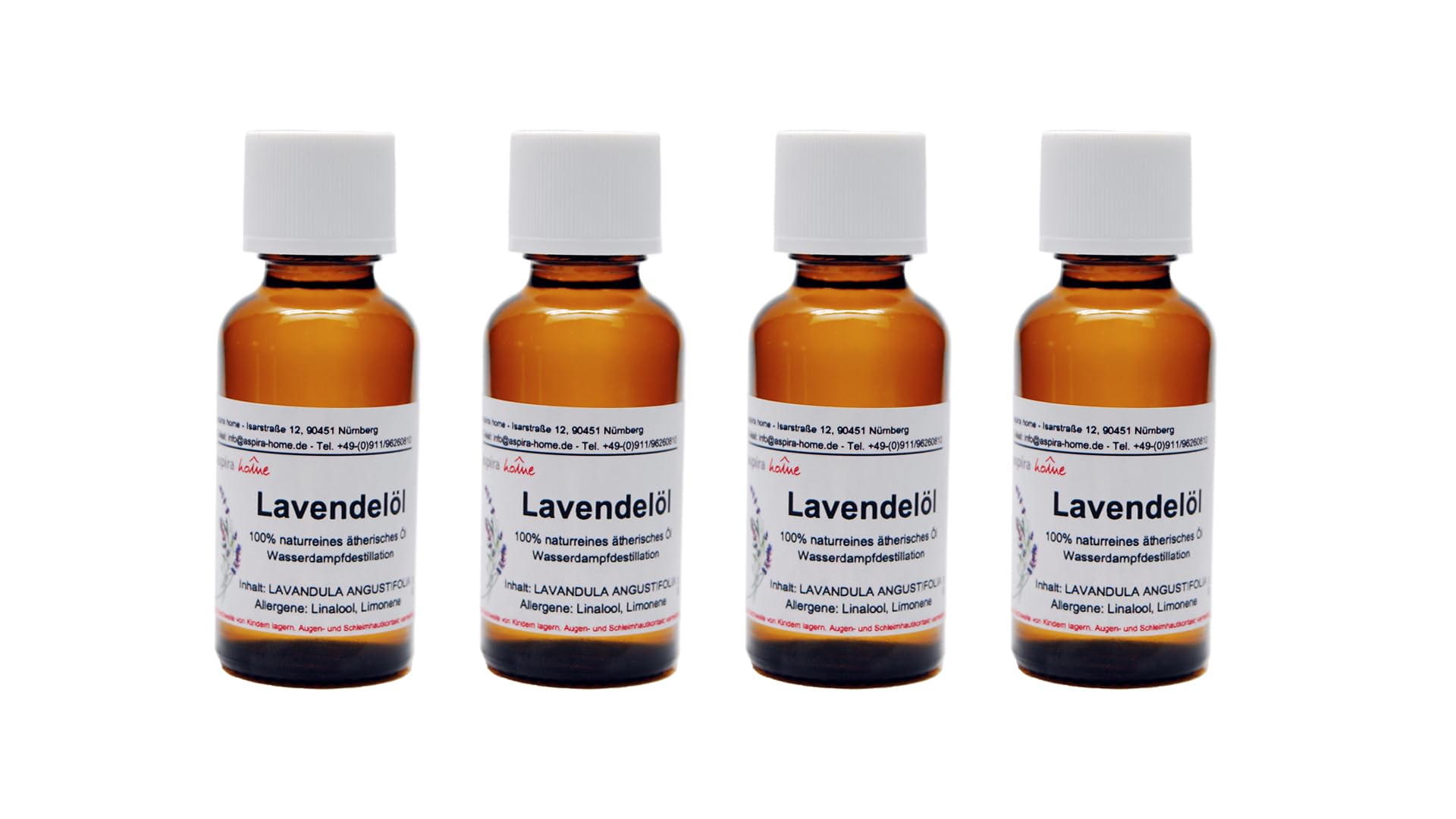 Aspira Home Aceite esencial de lavanda natural puro 4 x 30 ml en botella de cristal con pipetas