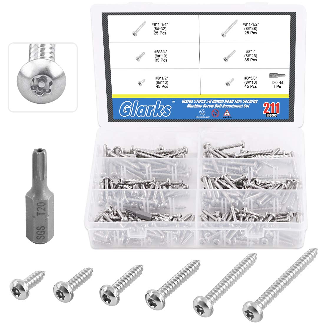 Glarks 211Pcs #8 x 1/2'' / 5/8'' / 3/4'' / 1" / 1-1/4'' / 1-1/2'' Button Head Torx Security Sheet Metal Screws Assortment Set, 6 Size Stainless Steel Tamper Resistant Screws with T20 Bit