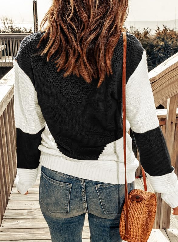 Image of Dokotoo Womens Crochet Crewneck Long Sleeve Pullovers Color Block Tunic Ribbed Sweaters Jumper Tops