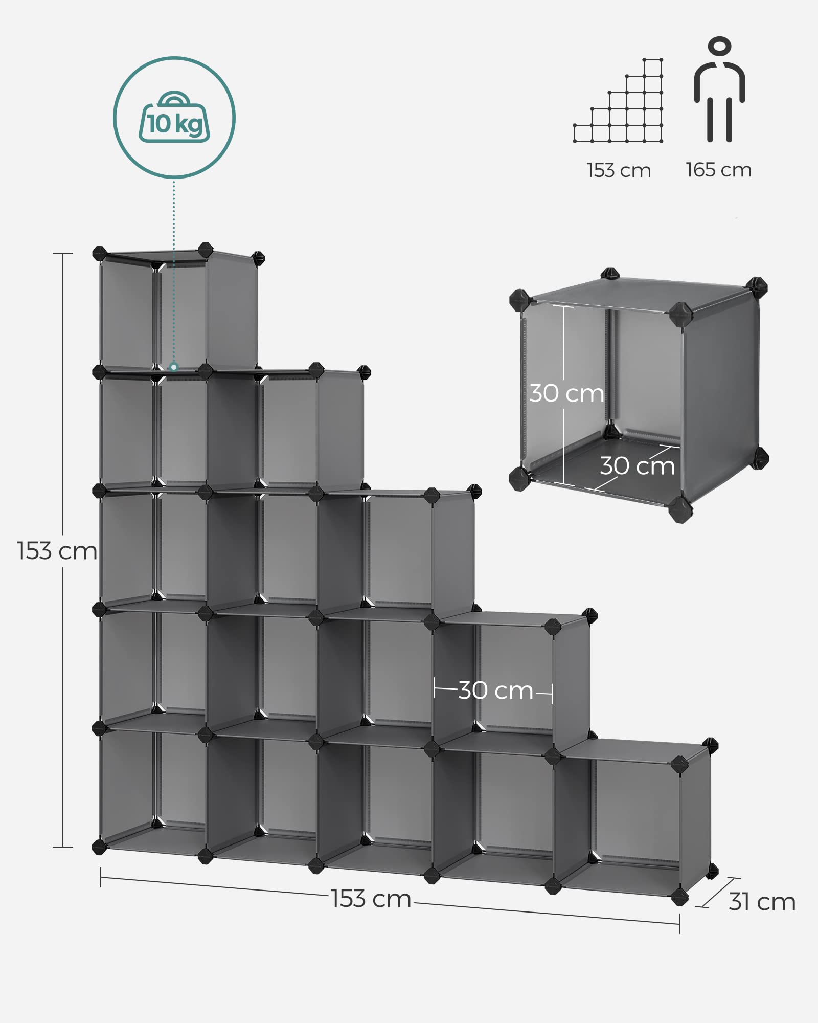 Regał na buty z 16 kostkami i systemem regałów DIY, tworzywo PP, do sypialni i biura, do szafy, szary, 31 x 123 x 123 cm, LPC442G01
