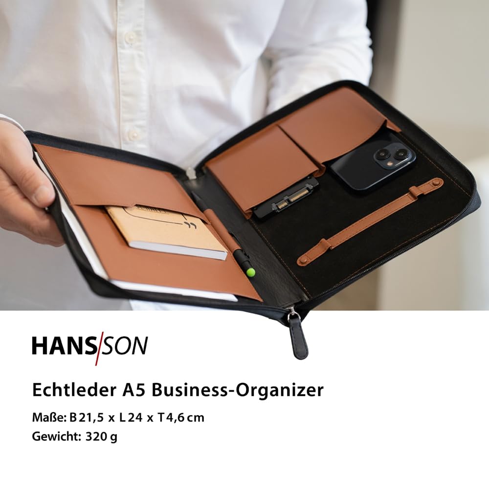 HANS/SON Business-Organizer – Edles Echt-Leder-Case mit 2 Fächern, Platz für A5 Block oder Tablet und wichtige Utensilien, ideal für unterwegs - schwarz, innen braun