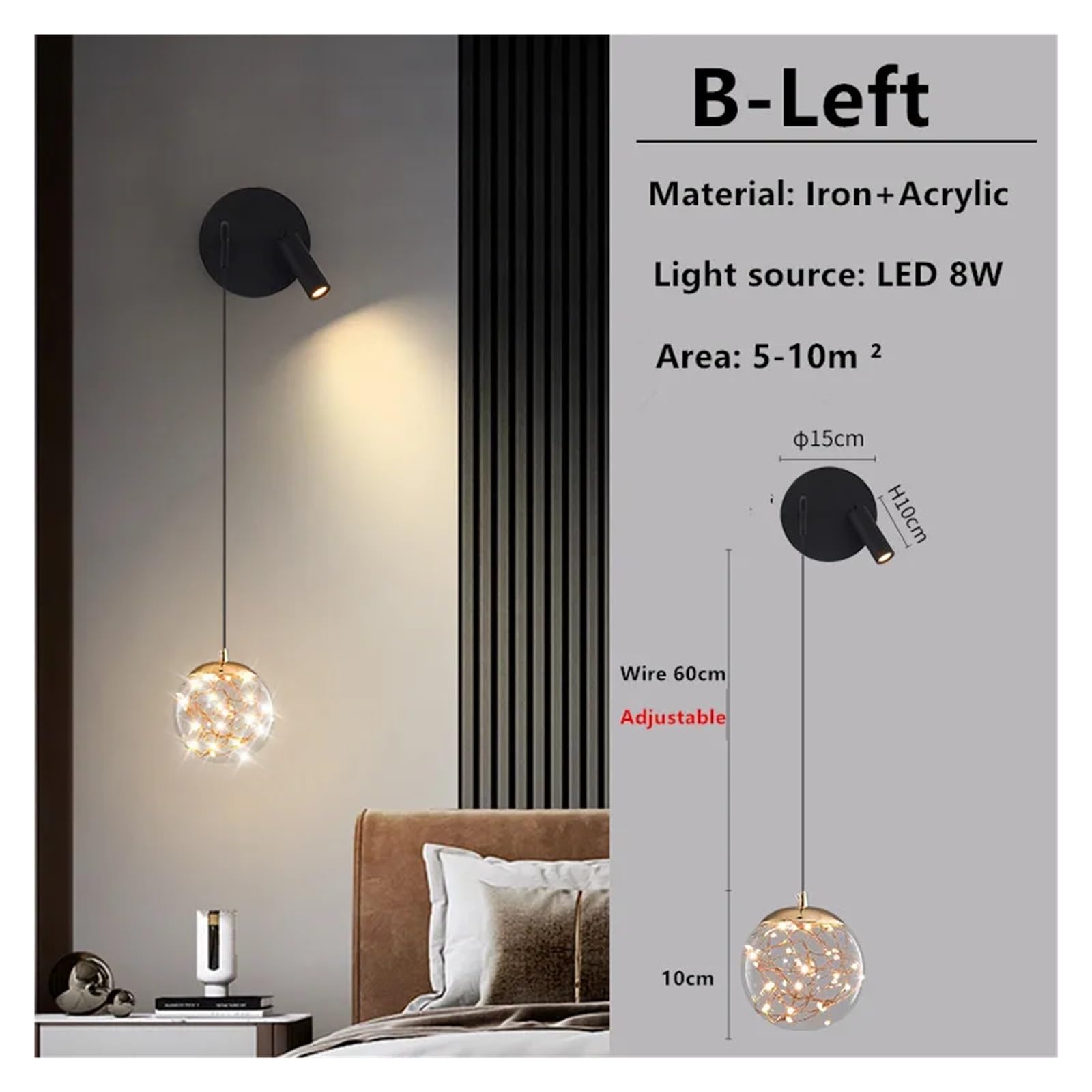 Lampka nocna kinkiet Nordic minimalistyczny salon tło kinkiet, lampa punktowa luksusowa LEDmodern sypialnia mała lampa wisząca,Oświetlenie obrazu(2700-3500K,B-Left)