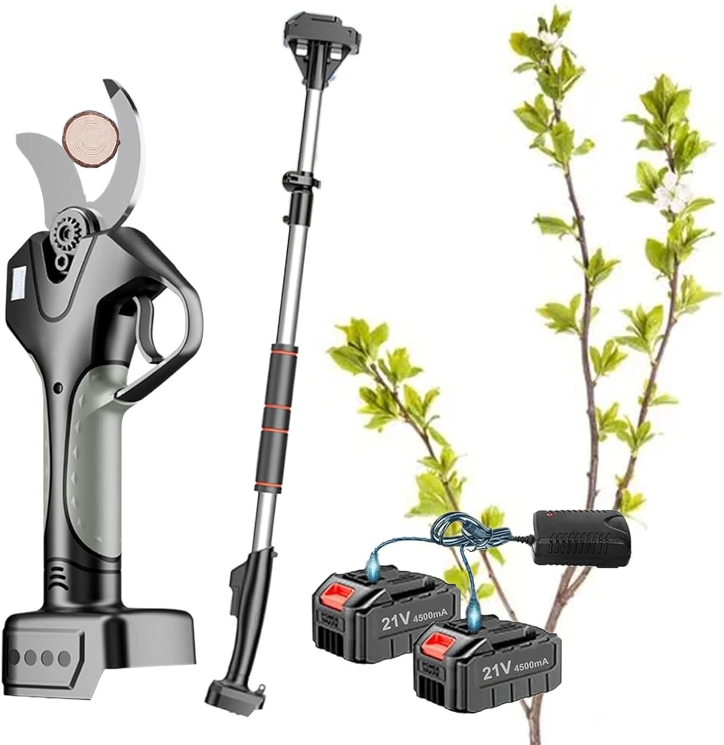 Cordless Pruning Shears with 50mm Cutting Capacity for Tree and Garden Work, Includes Extension Pole and LCD Display