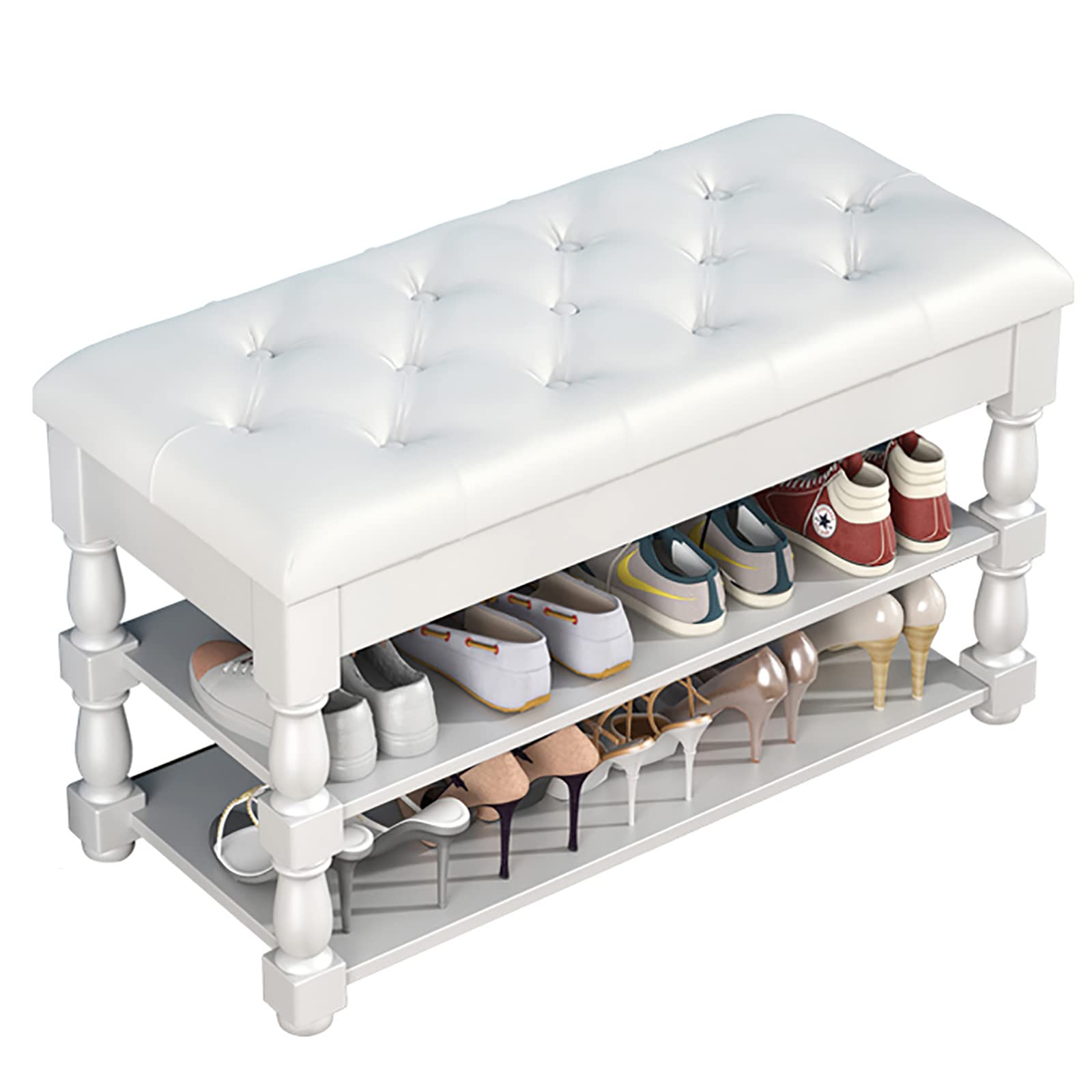 MSHGSKU Vintage Entryway Shoe Bench with Leather Cushion, 3-Tier Shoe Rack & Storage for Hallway, White Wood Accent Furniture, 60x35x46cm (24x14x18in)