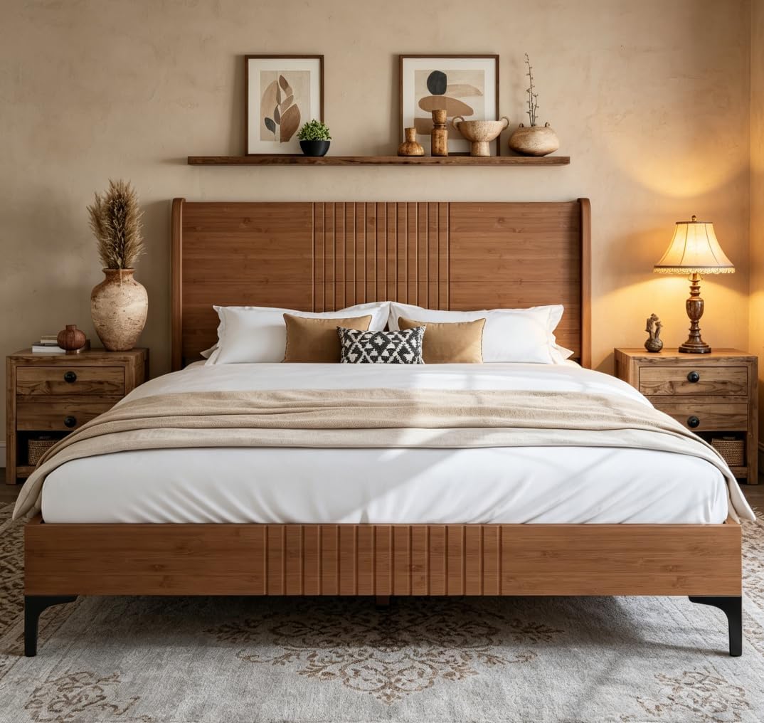 Bellemave Queen Size Bamboo Platform Bed, Mid-Century Modern Bed Frame with 37.4 Tall Headboard, Solid Bamboo Bedframe Queen Size, Wood Slat Support, Natural
