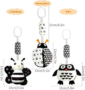 KAKIBLIN Baby Hanging Toy,3 Pack Black and White Baby Toys for 3 6 9 12 Months, High Contrast Hanging Toys,Plush Soft Stroller Rattles Toy for Boys and Girls(21CM, Ladybug,Bee & Owl)