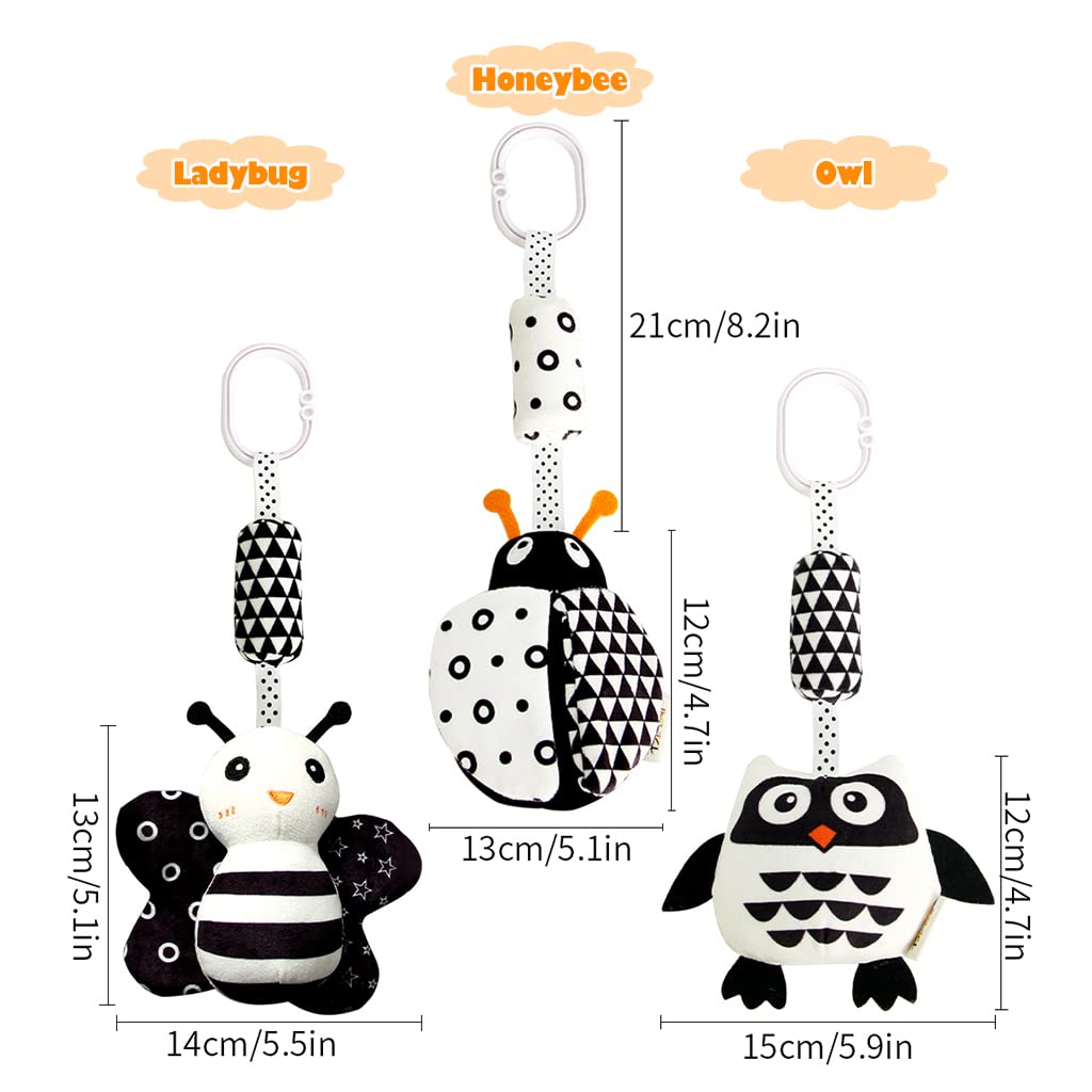 Juguete colgante para bebé, paquete de 3 juguetes para bebés en blanco y negro para 3, 6, 9, 12 meses, juguetes colgantes de alto contraste, juguete de felpa suave para niños y niñas (21CM 5