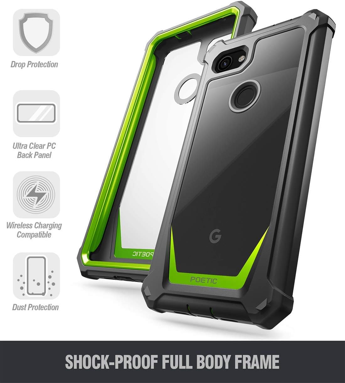 Google Pixel 3a XL Rugged Clear Case, Poetic Full-Body Hybrid Shockproof Bumper Cover, Built-in-Screen Protector, Guardian Series, Case for Google Pixel 3a XL (2019 Release), Green/Clear