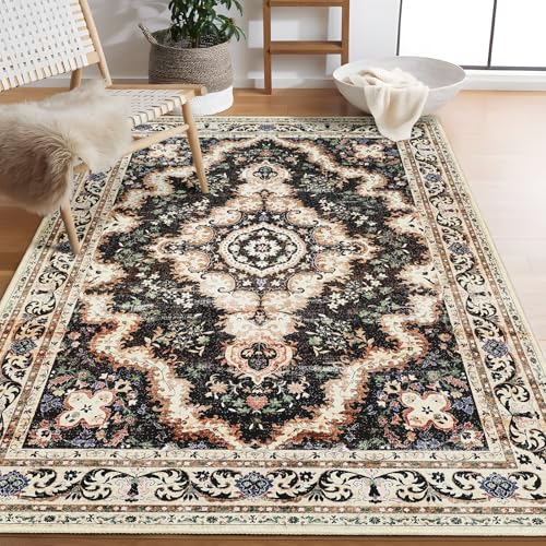 Castage Black Rug 3'x5',Washable Area Rugs for Bedroom Living Room Kitchen Entryway Bedside,Small Boho Vintage Bohemian Distressed Non Slip Carpet,Colorful Floral