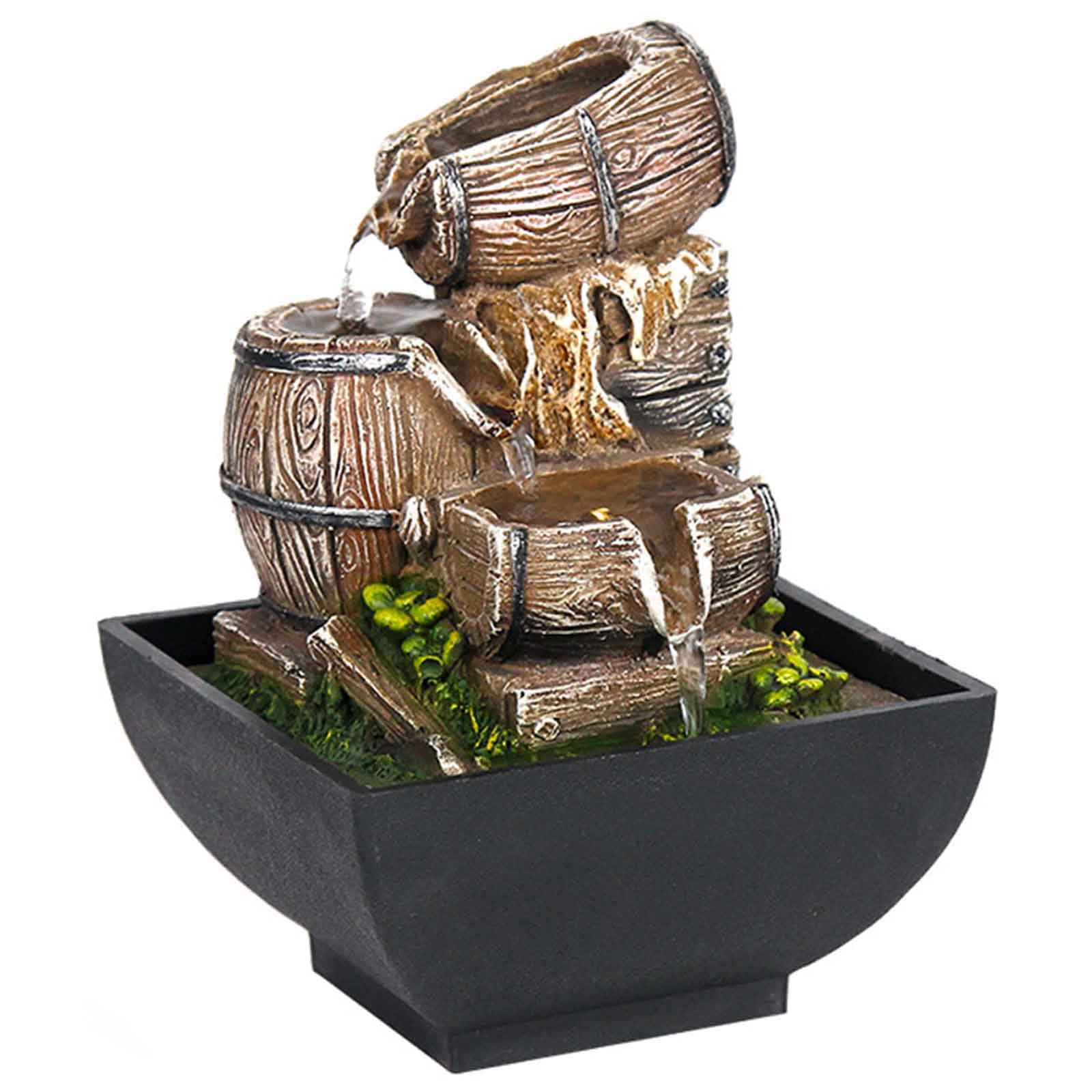 desktop fountain, Three-Layer Resin Simulated Wooden Barrel Indoor Fountain, Living Room Decorative with LED Light