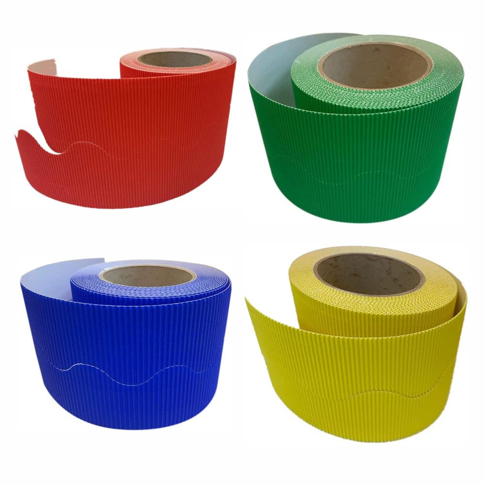 3 Ace Crafts (Pack of 4) Corrugated Display Border Roll (Scarlet, Leaf Green, Ultra Blue, Lemon)- (57mm x 15m)- Office/School, Classroom Decoration, Crown Making, Scalloped Edge Roll, Fade Resistant