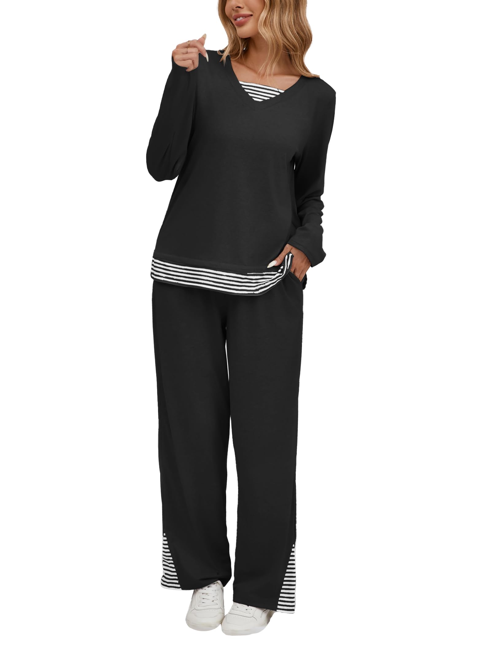 iChunhua Pajamas Set for Women Long Sleeve V Neck Comfy Pjs Striped Lounge Sets with Pockets