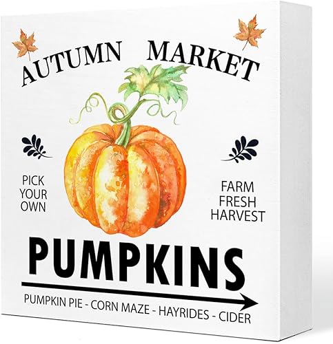 Decoración de mesa de otoño, otoño, mercado, calabazas, cosecha, bloque de madera, decoración de escritorio, rústico, otoño, Acción de Gracias, caja