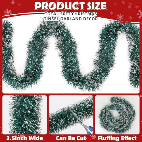 Image of 50ft Green & White Christmas Tinsel Garland - Metallic Glitter Twist Garland Hanging Streamers for Xmas Tree Decorations Indoor /Outdoor Decor