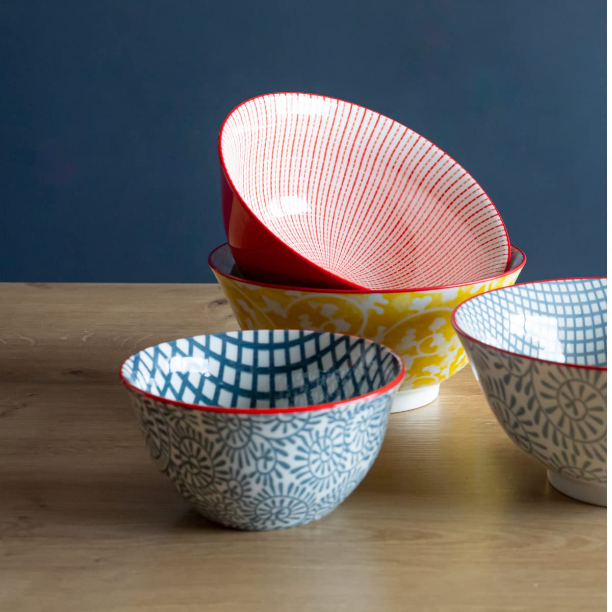 Artime - Lot de 6 Bols Médiums, Bols à Céréales, à Soupe, Bols en Porcelaine avec Imprimés Colorés, Vaisselle Elégante, Contenance 550ml, Adapté Lave-Vaiselle et Micro-onde, design 1
