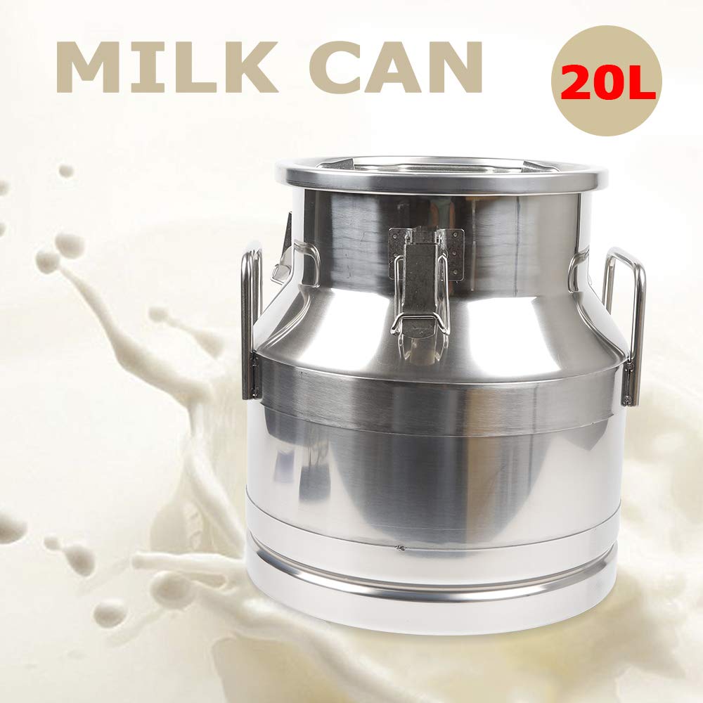 Jarra de leche de acero inoxidable, 20 litros, jarra de leche sin costuras, cubo de pail de vino de 5,25 galones, antifugas, recipiente de almacenamiento de líquidos, con tapa sellada, resistente para