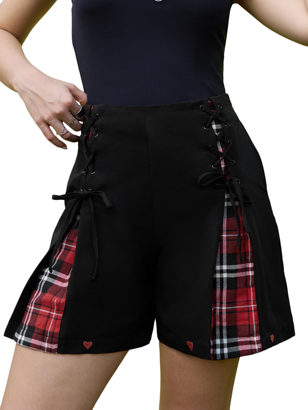 the souled store Darkness Lace-Up Plaid Inserts Women Flat Front Waistband Black and Red Plaid Embroidered Cotton Regular Fit High Rise Lace-Up Lightweight All-Season Everyday Shorts-picture-40