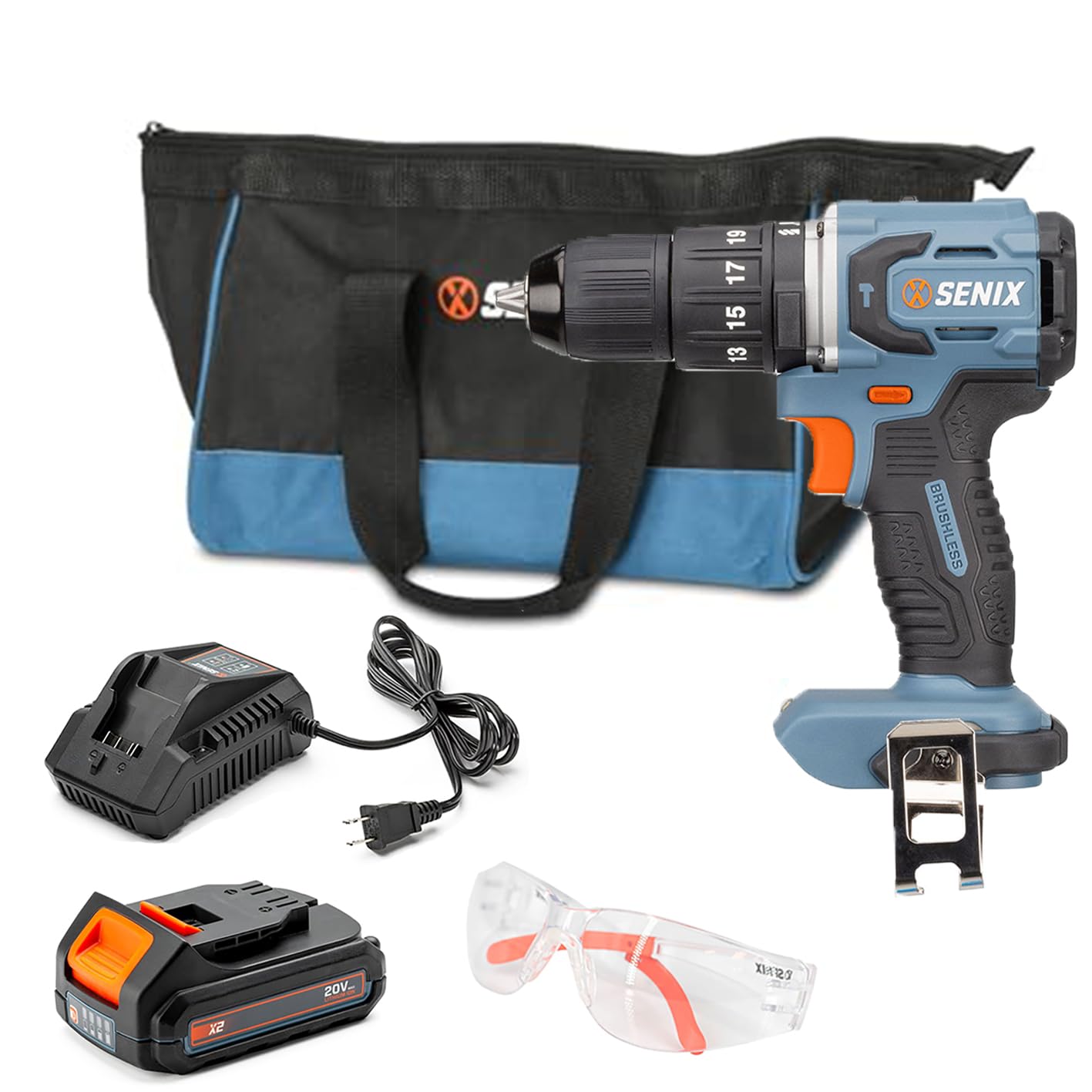 SENIX X2 20 Volt Max* Cordless 1/2-Inch Hammer Drill Driver with Brushless Motor, Power Tool Kit Includes Storage Bag, 2.0 Ah Battery,Charger,Safety Glasses (PDHX2-M2)
