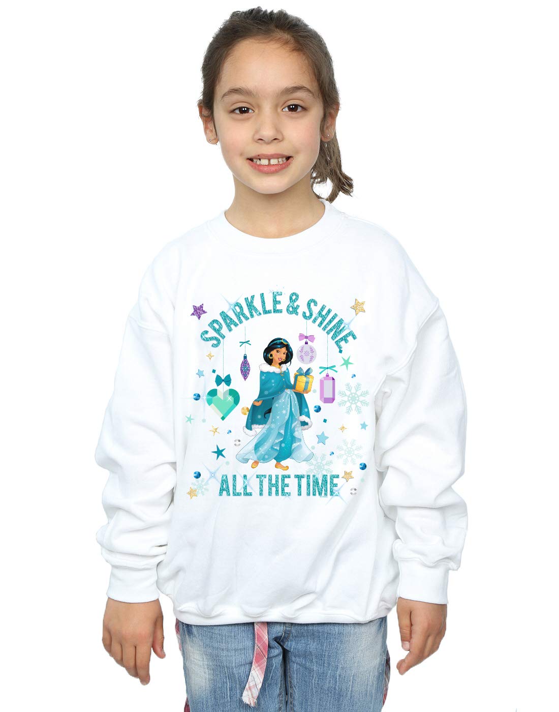 Absolute Cult Girls White Disney Princess Jasmine Sparkle And Shine Sweatshirt 7-8 Years