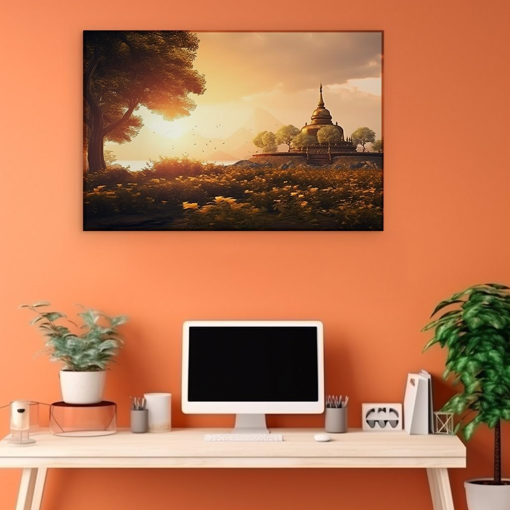 Canvas for Living room. Serene Twilight at the Golden Shrine: A Digital Painting of Tranquility and Nature, 27 x 18 inch Canvas Wall Art - Contemporary Masterpieces - Modern Home Decor