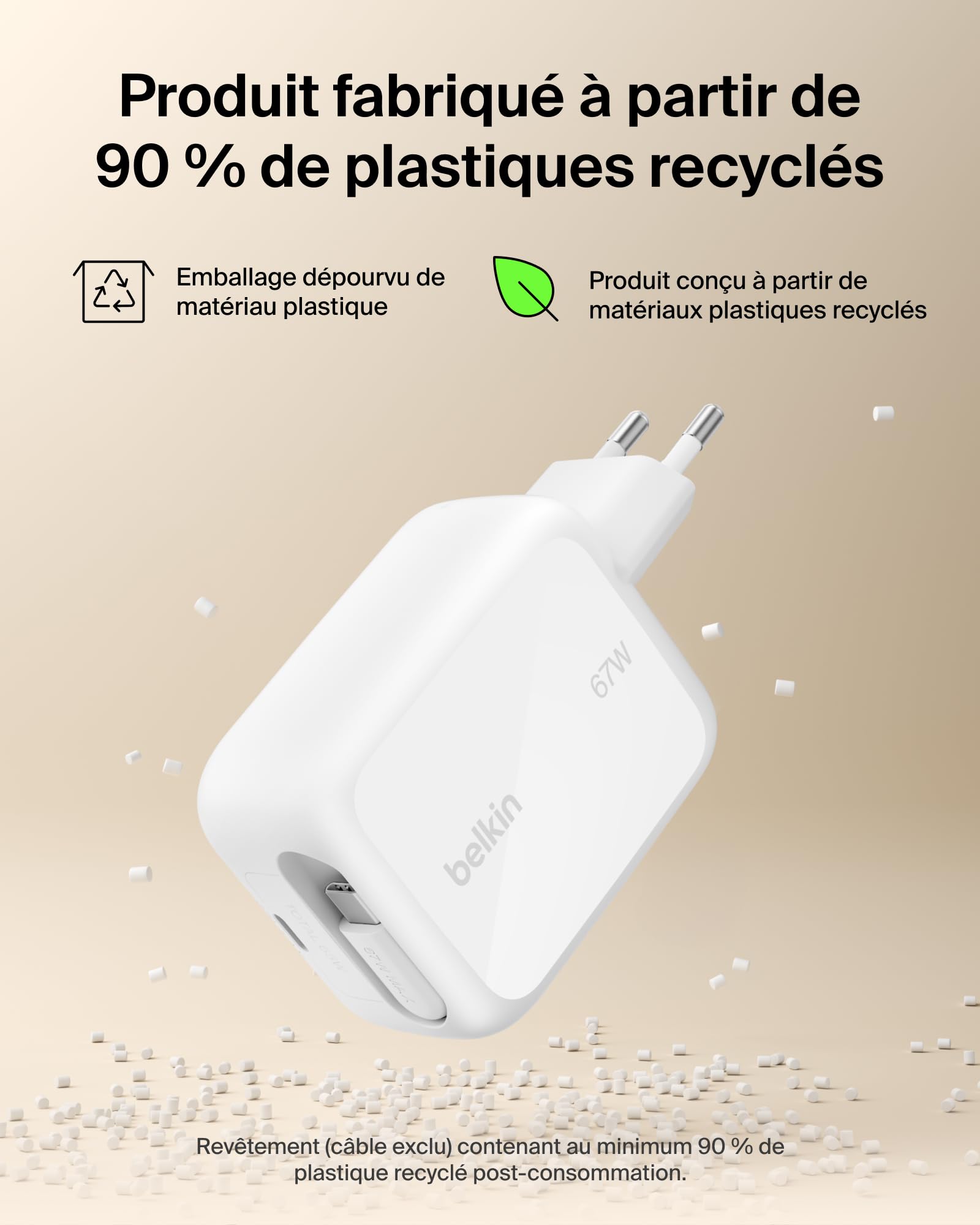 Belkin Chargeur USB-C GaN 67 W avec Câble USB-C Rétractable 1 M Et Port USB C, pour iPhone, Recharge Rapide pour iPhone 17 Et 16 Series, Galaxy S26 Series, AirPods, Tablettes, MacBook, Chromebook