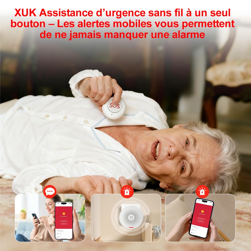 XUK Bracelet Alarme Personne Agee WiFi, Système d'Alerte Intelligent Compatible Tuya, Smart Life et Alexa – Bouton d’Urgence Étanche sans Fil 200 m avec Récepteur, Volume Réglable (Pack de 4 produits)