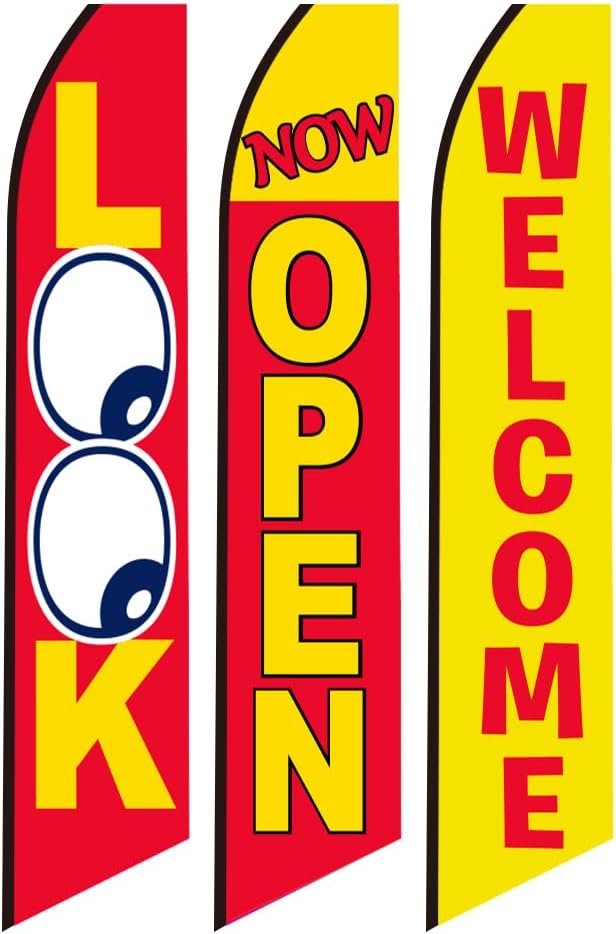 Three Swooper Flag Combo Look Now Open Welcome Red Yellow Advertising