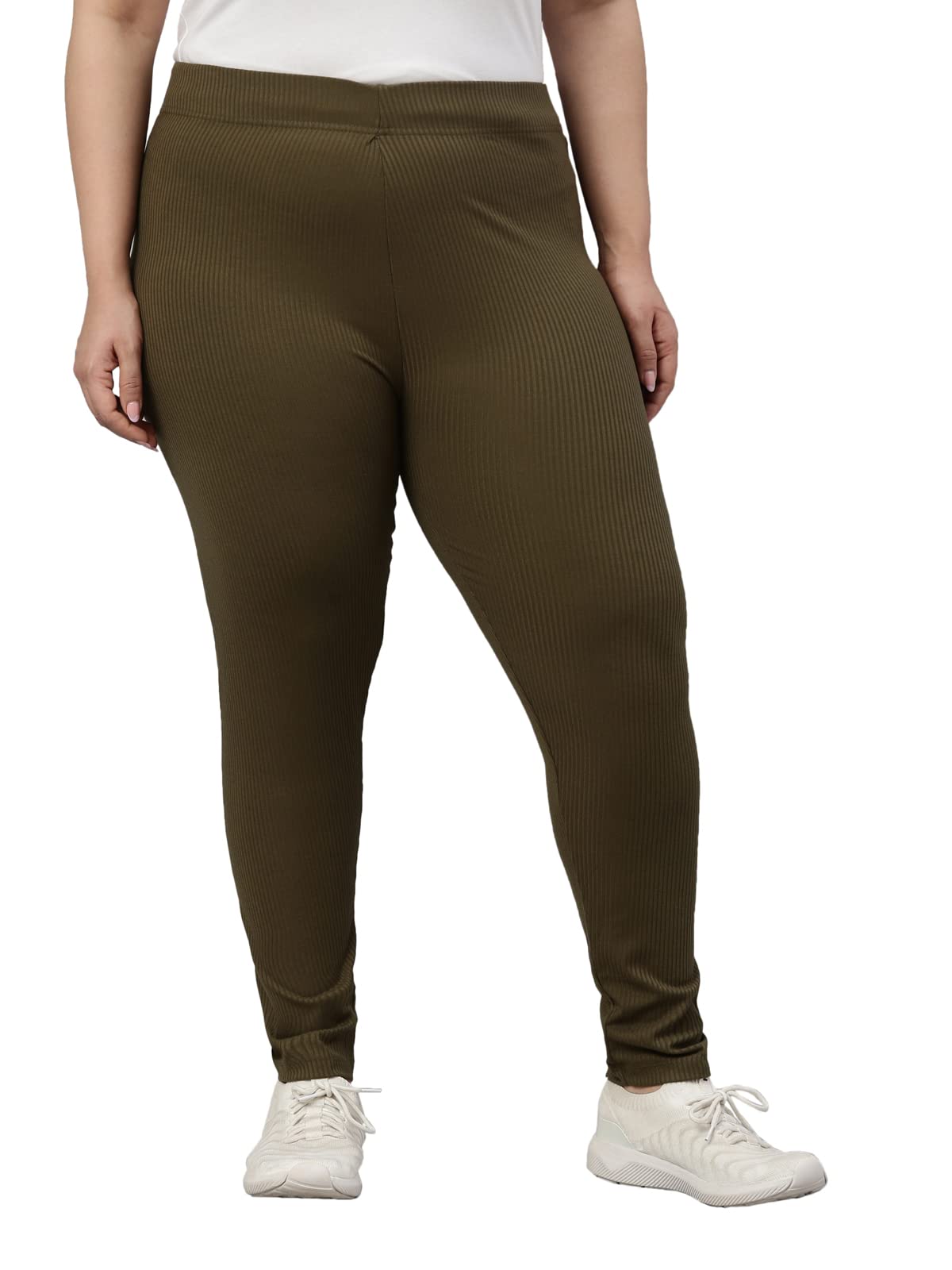GO COLORS Drop Needle Ribbed Active Leggings for Women | Lightweight, Spandex Waistband, Mid Rise, Olive Green