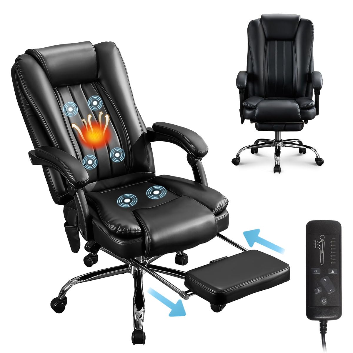 500lbs Big and Tall Office Chair, 6-Points Massage Office Chair, Executive Heated Desk Chair with Adjustable Footrest, Reclining High Back for Home Office