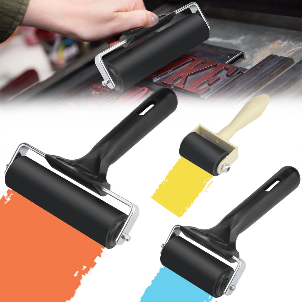 Rouleau En Caoutchouc Pour Arts Créatifs | Applicateur Encre, Peinture, Papier Peint | Manche Bois | 3 Tailles
