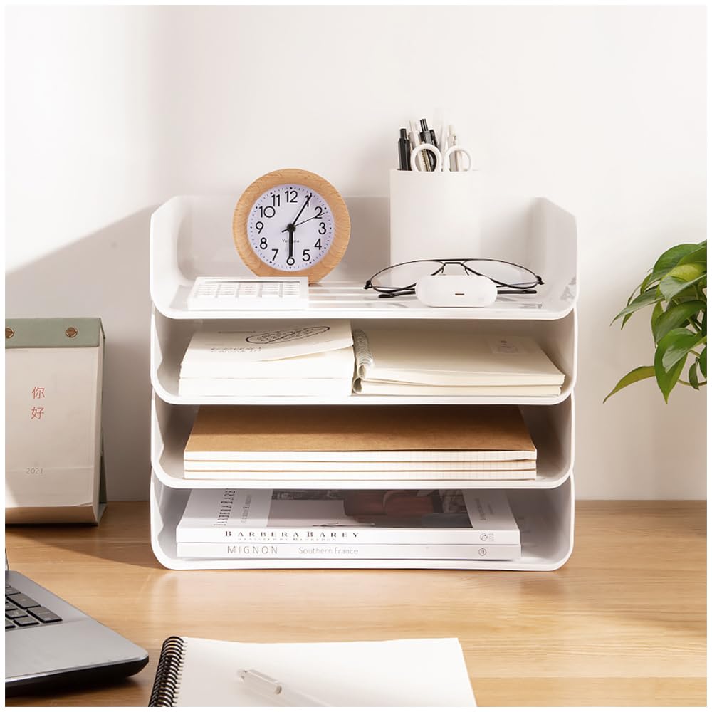 4 Tier Stackable Filing Trays, Letter Tray Organiser Desk Tidy File Document Holder A4 Paper Sorter for Office, School (Horizontal White)