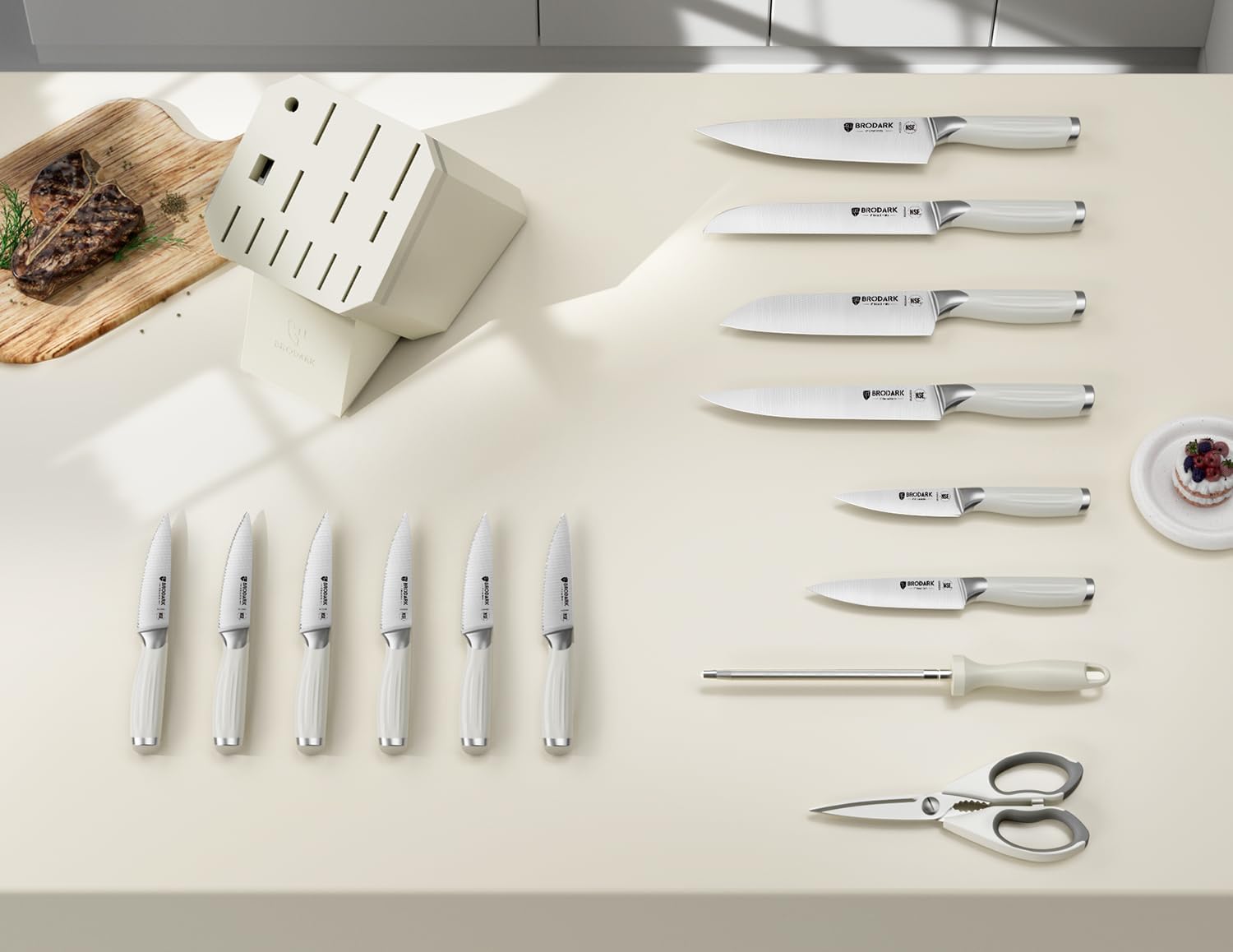 BRODARK 15-Piece Kitchen Knife Set with Block and Sharpening Rod, Full Tang German Stainless Steel Knife Block Set with Ergonomic Roman Handle, Ultra Sharp & Rust Resistant, Premium Gift Box White image 3 of 6 B0FJS2KP1T