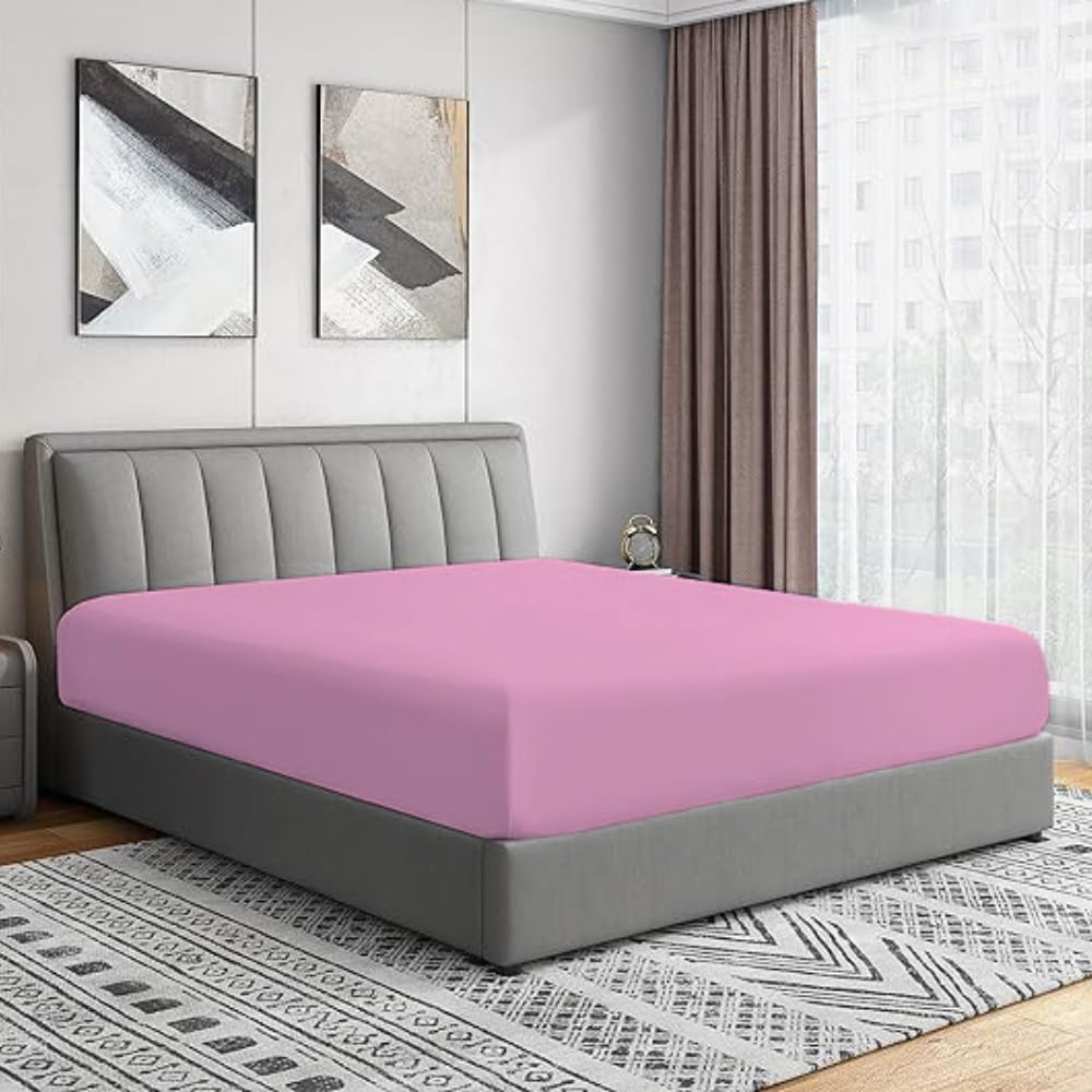 Bottom Fitted Sheets Stretches Up to 25cm Deep Mattress Pocket 100% Pure Egyptian Cotton 200 Thread Count Fitted Bedsheet Soft & Comfortable Hotel Quality Bottom Sheets (Pink, Single)